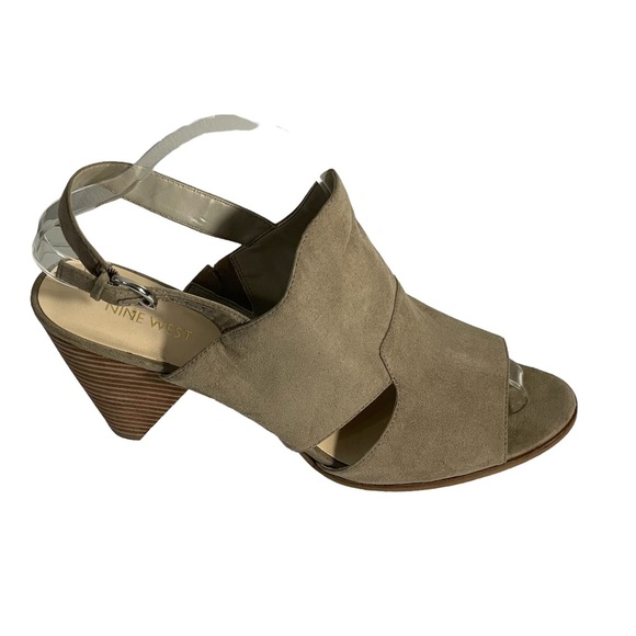 Nine West Rockall Tan Taupe Faux Suede Open Toe Slingback Cone Heel Shoe Sz 11M - Picture 6 of 10